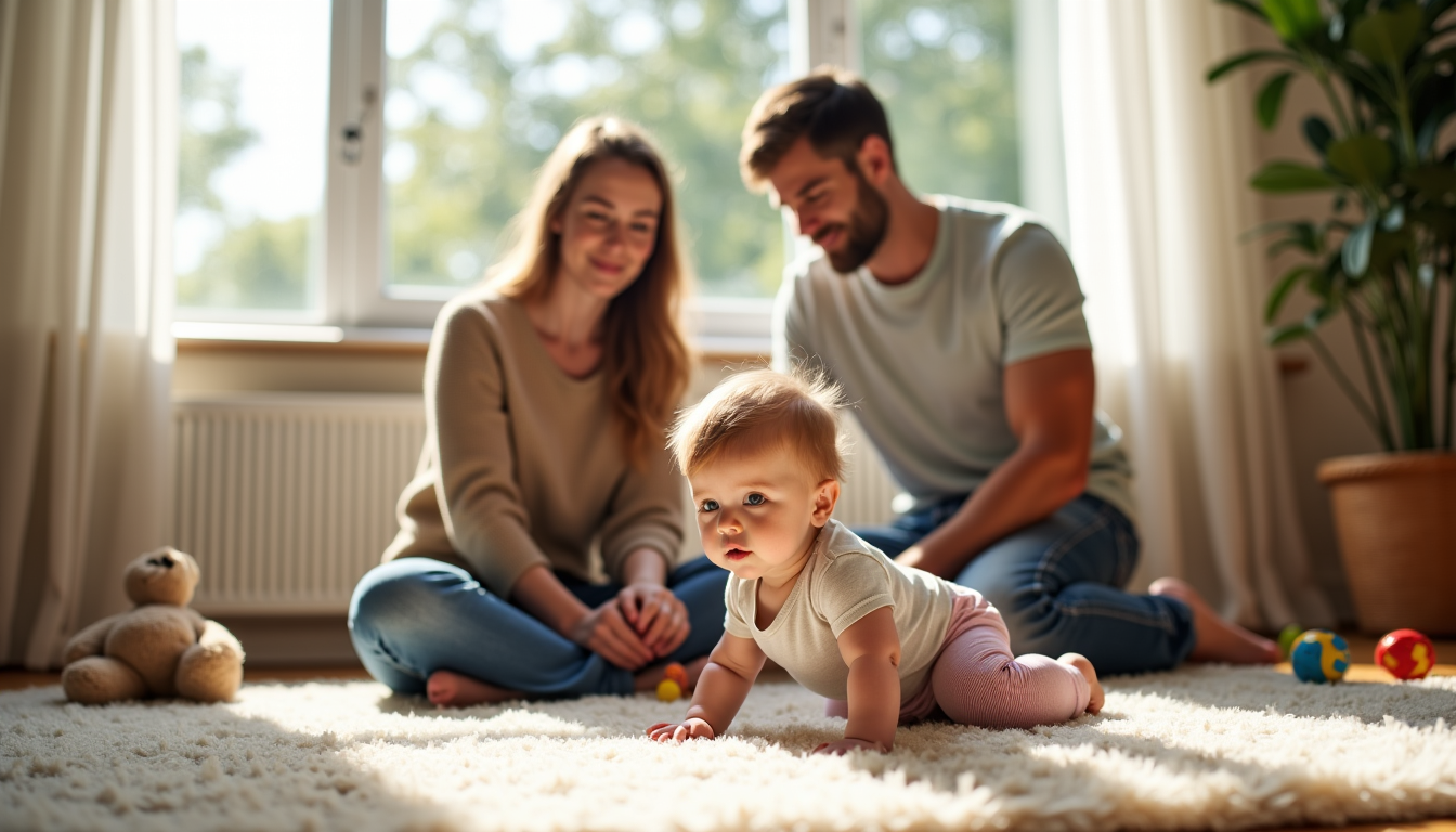 Bébé en train d'explorer au sol sous le regard bienveillant de ses parents