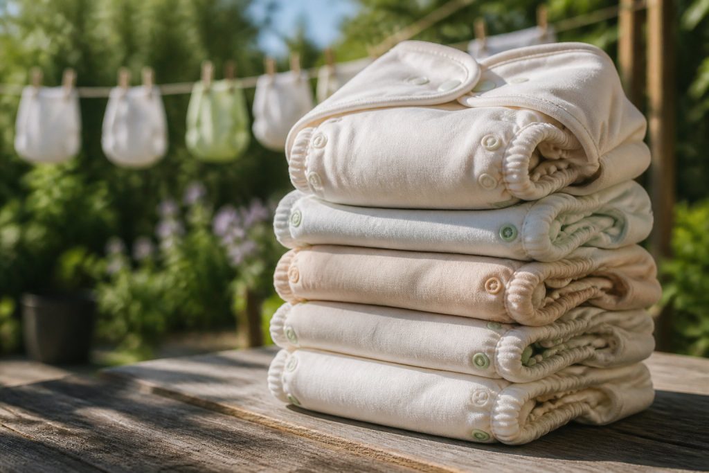 Une pile de canapés lavables propres et pliés est posée sur une surface en bois à l'extérieur, avec des couches Bambinex qui sèchent sur une corde à linge à l'arrière-plan.