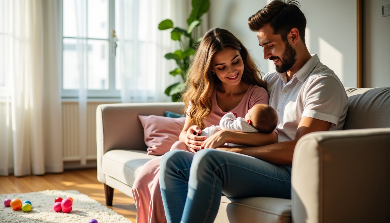 Jeunes parents avec leur nouveau-né sur le canapé
