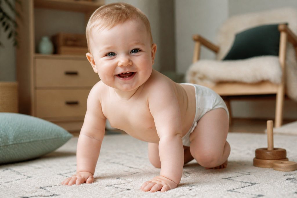 Un bébé portant une couche Bambinex couches lavables rampe sur un sol recouvert de moquette, en souriant à la caméra. Il y a un oreiller, un jouet en bois et des meubles à l'arrière-plan.