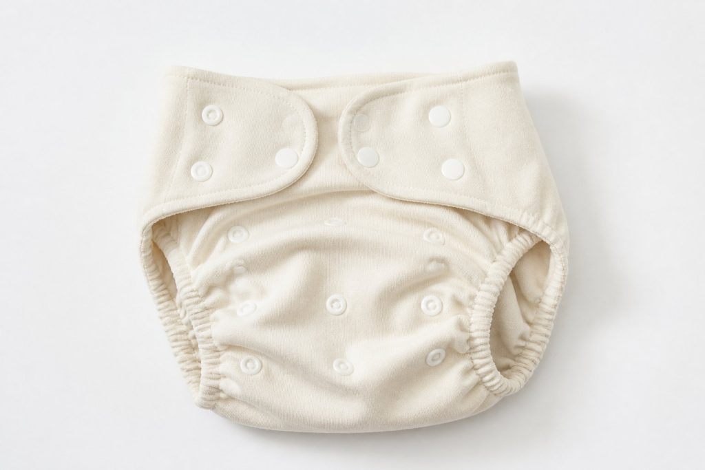 Couche en tissu avec boutons-pression et ouvertures élastiques pour les jambes, présentée à plat sur un fond blanc, parfaite pour le soin et le confort de l'auto Brouillon.