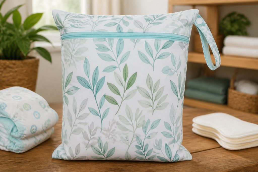 Une pochette humide à fermeture éclair avec un motif de feuilles vertes et bleues est posée sur une table en bois, accompagnée de canapés lavables Bambinex et de serviettes pliées en arrière-plan.
