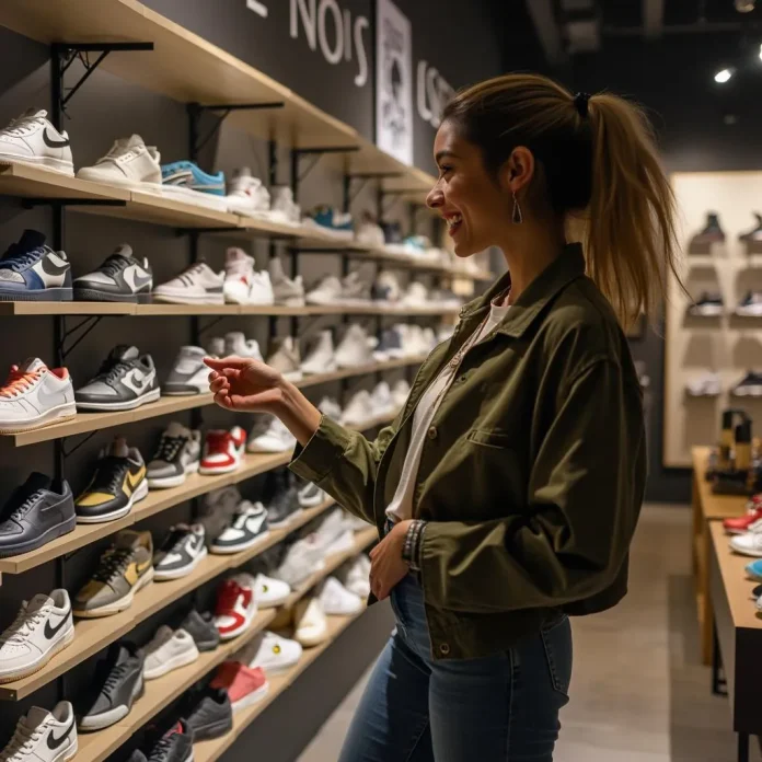 Une femme avec une queue de cheval parcourt les étagères de chaussures de sport dans un magasin de baskets Brouillon bien éclairé, souriant alors qu'elle tend la main vers une chaussure exposée.