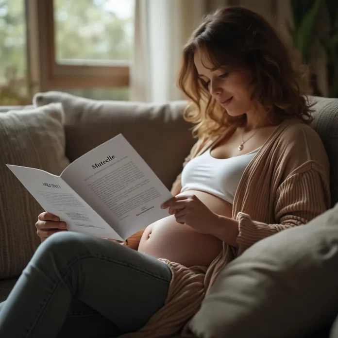 Une femme enceinte est assise sur un canapé, lisant un document intitulé « Mutuelle », réfléchissant à quelle couverture santé grossesse choisir, avec la lumière naturelle qui traverse la fenêtre en arrière-plan.