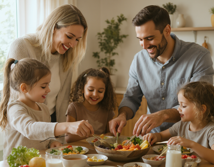 Deux adultes et trois enfants sont assis à une table, souriant et se servant dans des bols partagés pendant un repas, alors que les parents encouragent de bonnes habitudes alimentaires par le biais de l'alimentation saine.
