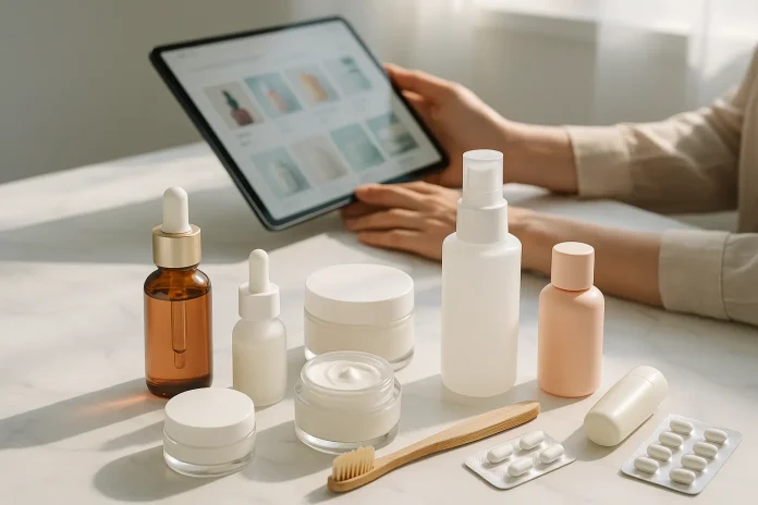 Divers produits de soins et de bien-être, y compris des flacons, des pots, une brosse à dents et des pilules de différentes marques parapharmacie en ligne, sont disposés sur une table avec, en arrière-plan, une personne utilisant une tablette.