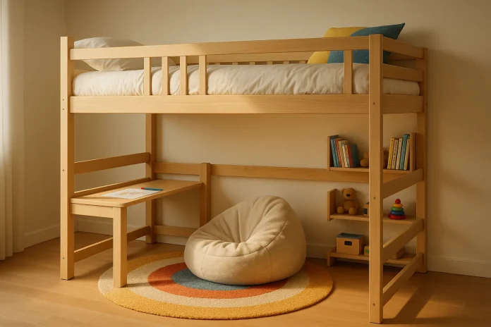 Une mezzanine enfant en bois avec une literie blanche se trouve au-dessus d'un petit bureau, d'étagères contenant des livres et des jouets, d'un pouf et d'un tapis rond coloré, créant ainsi un espace ludique et un gain de place dans cette chambre bien rangée et bien éclairée. Une mezzanine enfant en bois avec une literie blanche se trouve au-dessus d'un petit bureau, d'étagères contenant des livres et des jouets, d'un pouf et d'un tapis rond coloré, créant ainsi un espace ludique et un gain de place dans cette chambre bien rangée et bien éclairée.