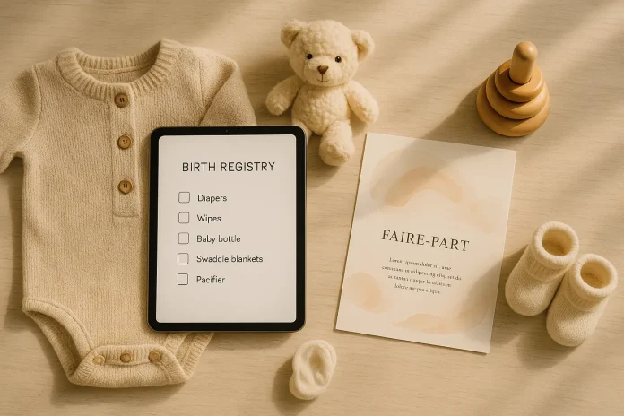 Une tablette affichant une liste de contrôle de la déclaration de naissance avec une étiquette "Brouillon auto" est posée sur une table, entourée d'une grenouillère, de chaussons, d'un ours en peluche, d'une carte, d'un jouet en bois et d'une minuscule chaussette de bébé. Une tablette affichant une liste de contrôle de la déclaration de naissance avec une étiquette "Brouillon auto" est posée sur une table, entourée d'une grenouillère, de chaussons, d'un ours en peluche, d'une carte, d'un jouet en bois et d'une minuscule chaussette de bébé.
