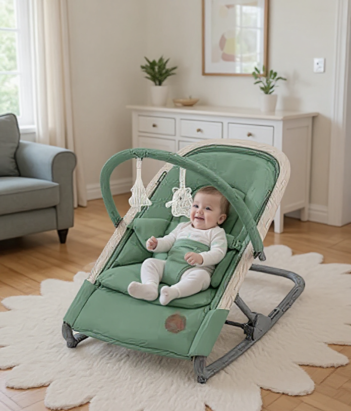 Un bébé est assis dans un transat bébé vert, bénéficiant d'une sécurité et d'un confort sur un tapis blanc dans un salon au sol en bois et au mobilier clair.