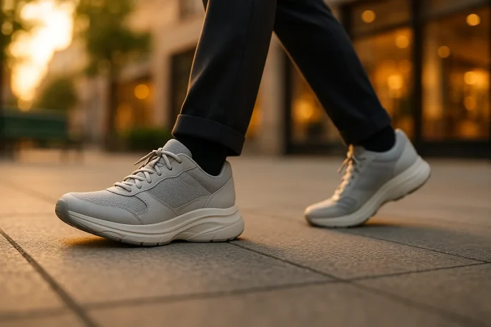 Une personne portant des chaussures confort gris clair et un pantalon foncé marche en ville sur un trottoir pavé dans une zone urbaine au coucher du soleil. Une personne portant des chaussures confort gris clair et un pantalon foncé marche en ville sur un trottoir pavé dans une zone urbaine au coucher du soleil.