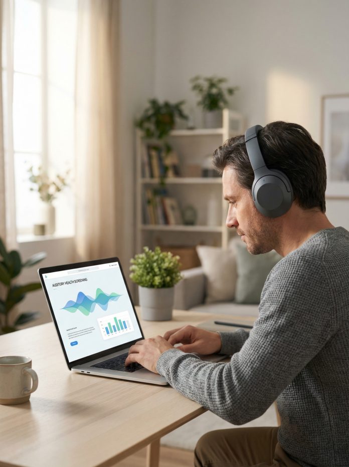 Un homme portant des écouteurs est assis à un bureau et passe un test auditif en ligne tout en travaillant sur un ordinateur portable affichant des graphiques et des tableaux dans un bureau à domicile avec des plantes et des étagères en arrière-plan.
