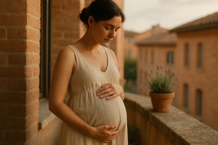Une femme enceinte vêtue d'une robe beige se tient sur un balcon à Toulouse, en tenant doucement son ventre, avec une plante en pot et des bâtiments de la ville en arrière-plan. Cette scène idyllique met en valeur ce moment particulier de la grossesse.