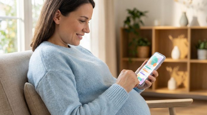 Une femme enceinte est assise sur une chaise à l'intérieur, souriant tout en utilisant une application de grossesse sur smartphone, avec des étagères et des plantes en arrière-plan.