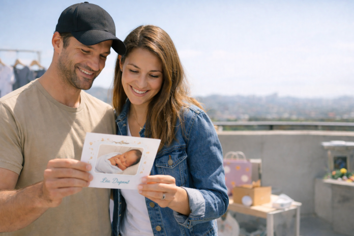 Un homme et une femme souriants se tiennent à l'extérieur et regardent une carte sur laquelle figure la photo d'un nouveau-né et le nom "Leo Dupont". Des cadeaux sont visibles à l'arrière-plan.