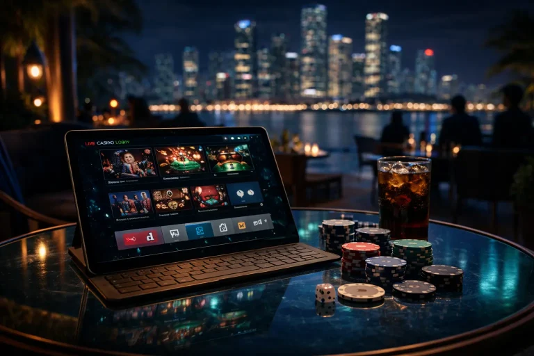 Une tablette affichant un casino en ligne avec Brouillon auto est posée sur une table en plein air au milieu de jetons de poker, de dés et d'une boisson, la nuit, avec l'horizon de la ville en arrière-plan.