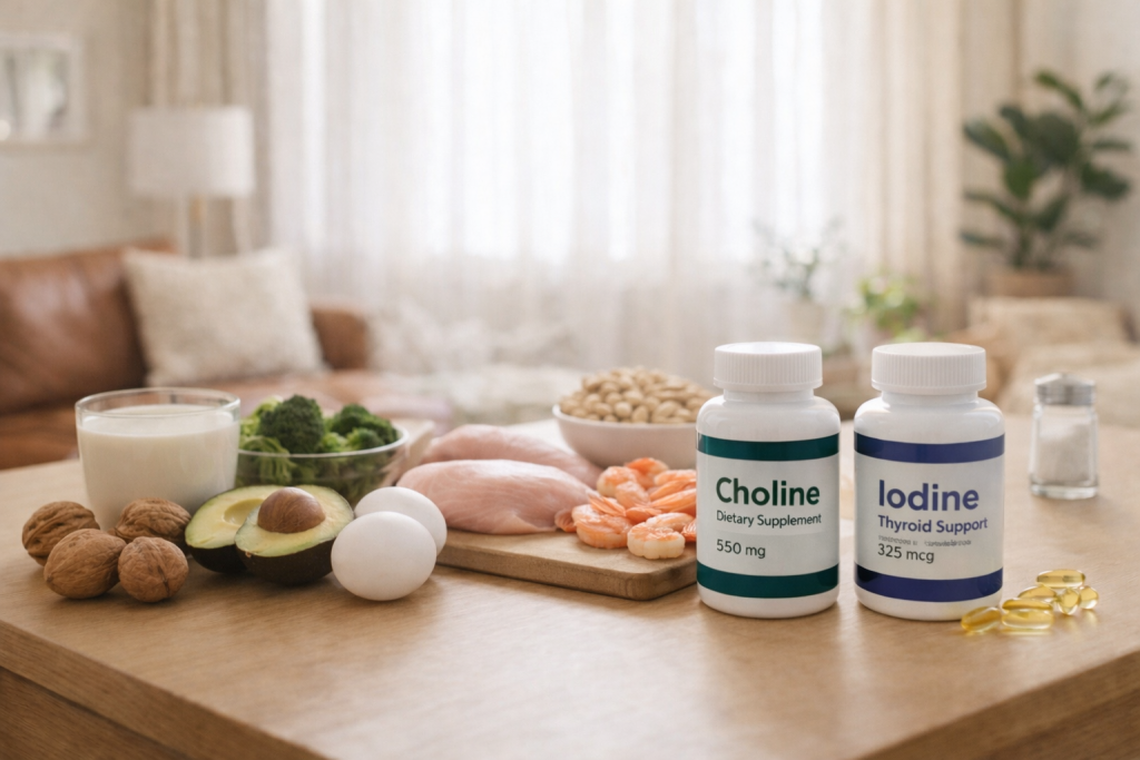 Des bouteilles étiquetées "Choline" et "Iode" sont disposées sur une table en brouillon auto, entourées d'aliments tels que des œufs, du poulet, des brocolis, des crevettes, du lait, des avocats, des noix et des noix de cajou.