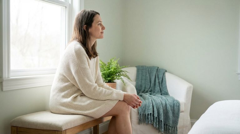 Une femme en robe pull crème est assise sur un banc près d'une fenêtre dans une pièce lumineuse et minimale avec une plante en pot et un fauteuil drapé d'une couverture bleue, incarnant la tranquillité et le bien-être pour la santé intime.