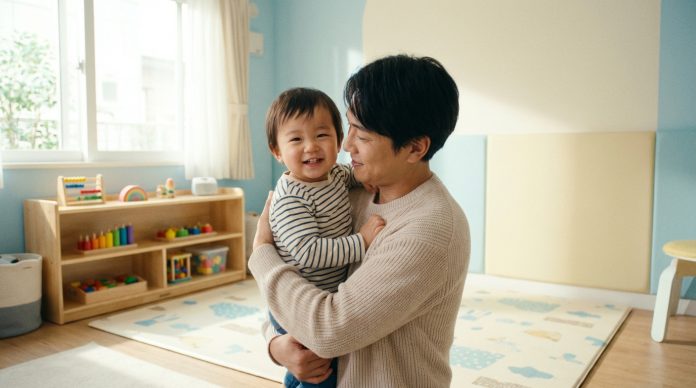Un adulte tient un enfant en bas âge souriant dans une salle de jeux avec des jouets et un tapis d'éveil, à côté d'une fenêtre éclairée par le soleil - ce qui capture l'atmosphère joyeuse d'une crèche pour enfant.