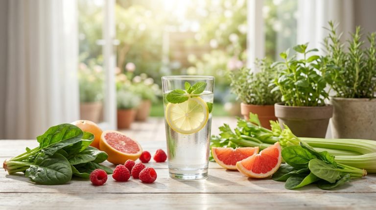Un verre d'eau au citron et à la menthe trône sur une table entourée d'épinards, de framboises, de pamplemousses, de céleri et d'herbes en pot - parfait pour une pause détox pour purifier votre corps dans la lumière du soleil qui traverse la fenêtre.