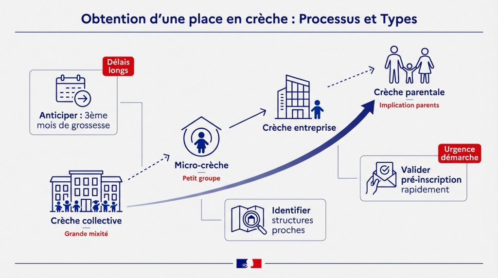 Infographie présentant le processus et les types de crèches en France, de la crèche collective à la micro-crèche, en passant par la crèche entreprise et la crèche parentale, en soulignant les étapes clés et l'urgence.