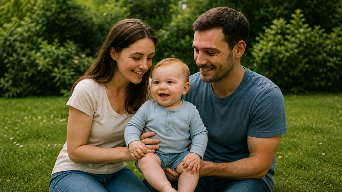 Une femme et un homme sont assis sur l'herbe en plein air, souriant à un bébé qui est assis entre eux. Des buissons verts se trouvent à l'arrière-plan, capturant un moment candide de la famille Brouillon auto.