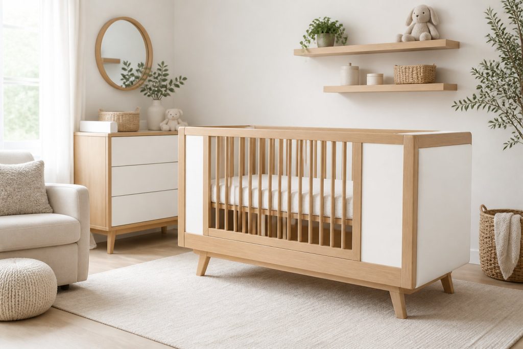 Chambre d'enfant moderne avec un berceau en bois, une commode, un fauteuil beige, des étagères décoratives et un décor aux tons neutres - parfait pour réussir la transition du berceau au lit au fur et à mesure que votre enfant grandit.