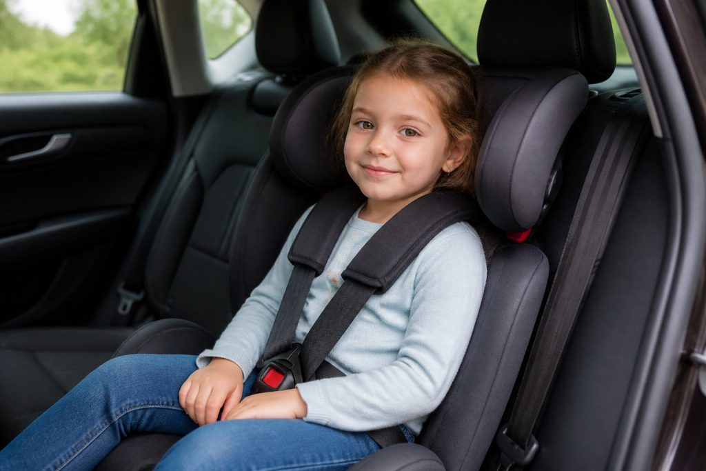 Jeune fille assise dans une voiture, vêtue d'un pull bleu et d'un jean, attachée dans un siège auto adapté au poids de l'enfant, regardant la caméra avec un léger sourire.