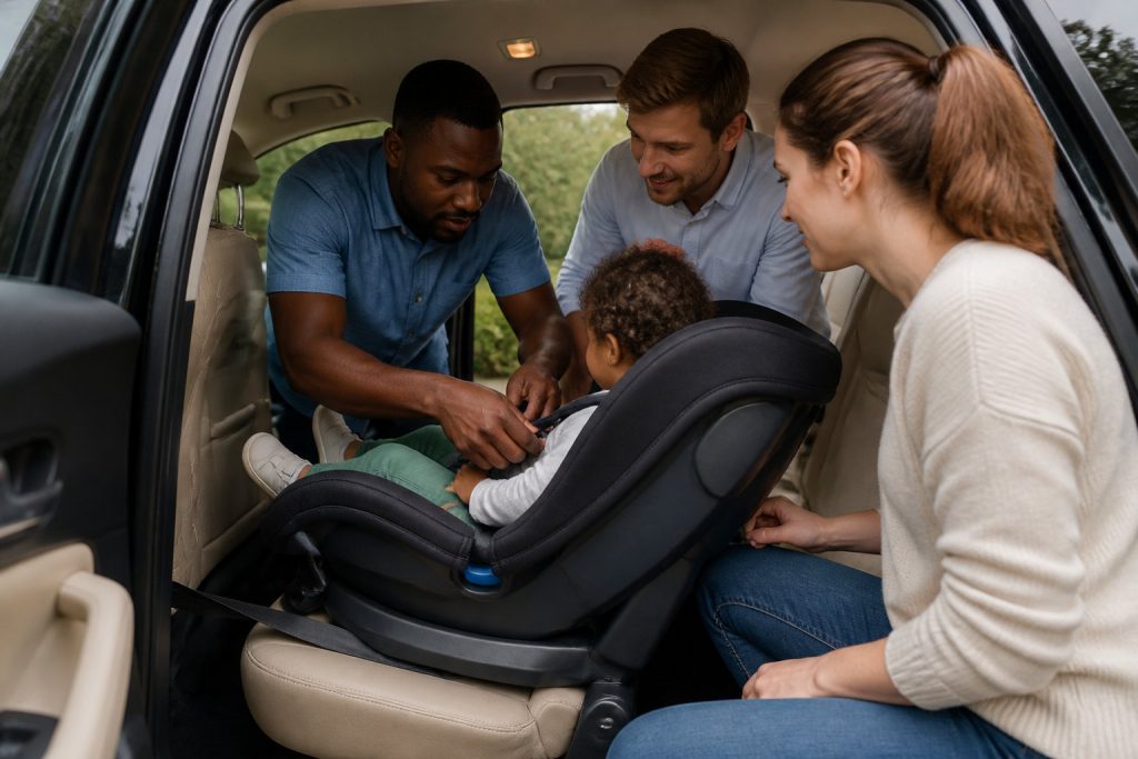 Trois adultes attachent un jeune enfant dans un siège auto à l'intérieur d'un véhicule, la porte de la voiture étant ouverte, alors qu'ils s'efforcent d'attacher correctement la ceinture de sécurité en fonction du poids de l'enfant.