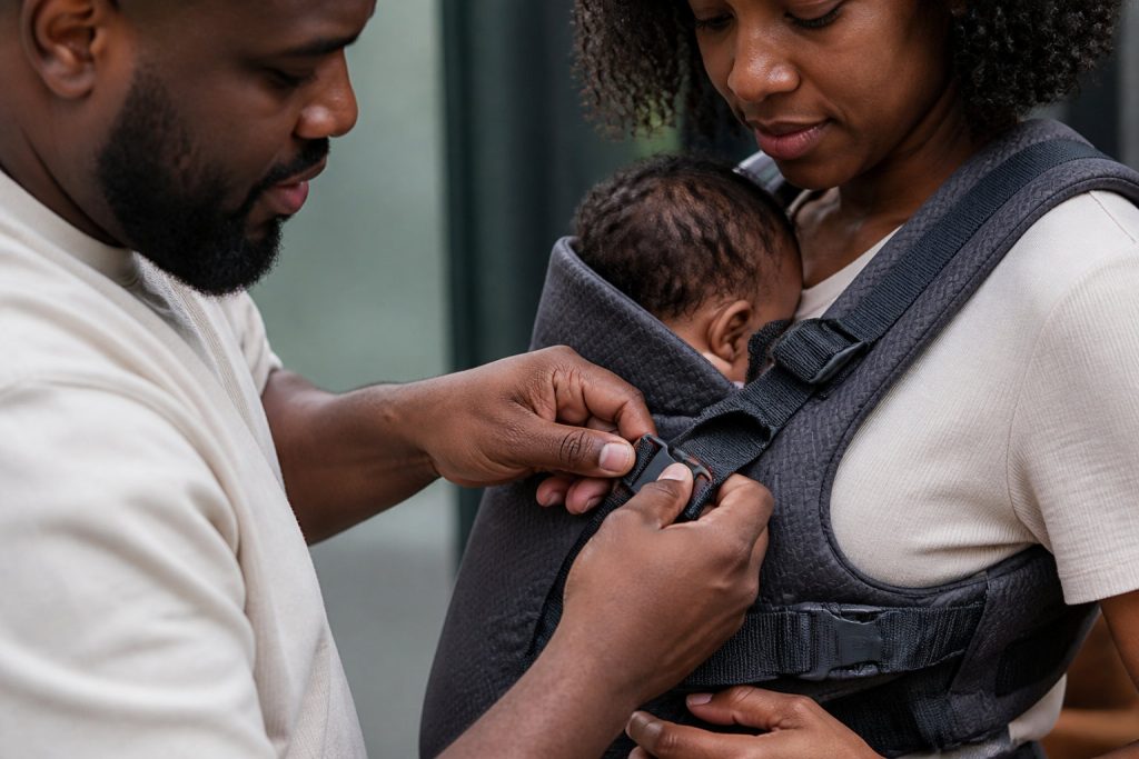 Un adulte attache un harnais à un autre adulte qui porte un bébé dans un porte-bébé physiologique.