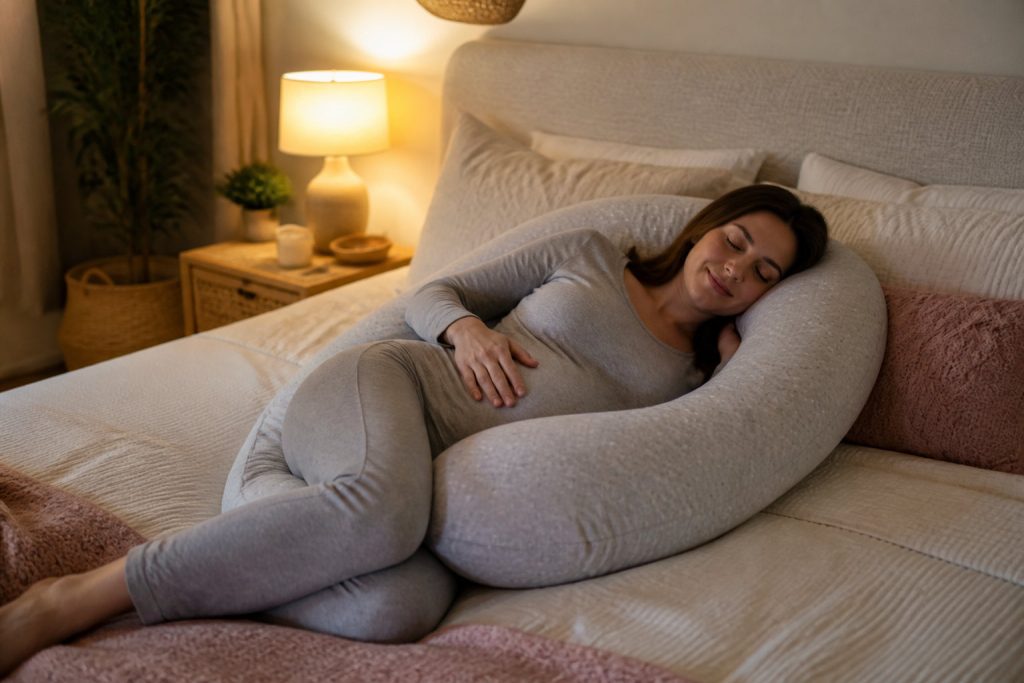 Femme enceinte en pyjama gris dormant sur le côté avec un grand oreiller sur un lit dans une chambre à la lumière tamisée, utilisant l'oreiller pour soulager les douleurs grossesse et favoriser le confort tout au long de la nuit.