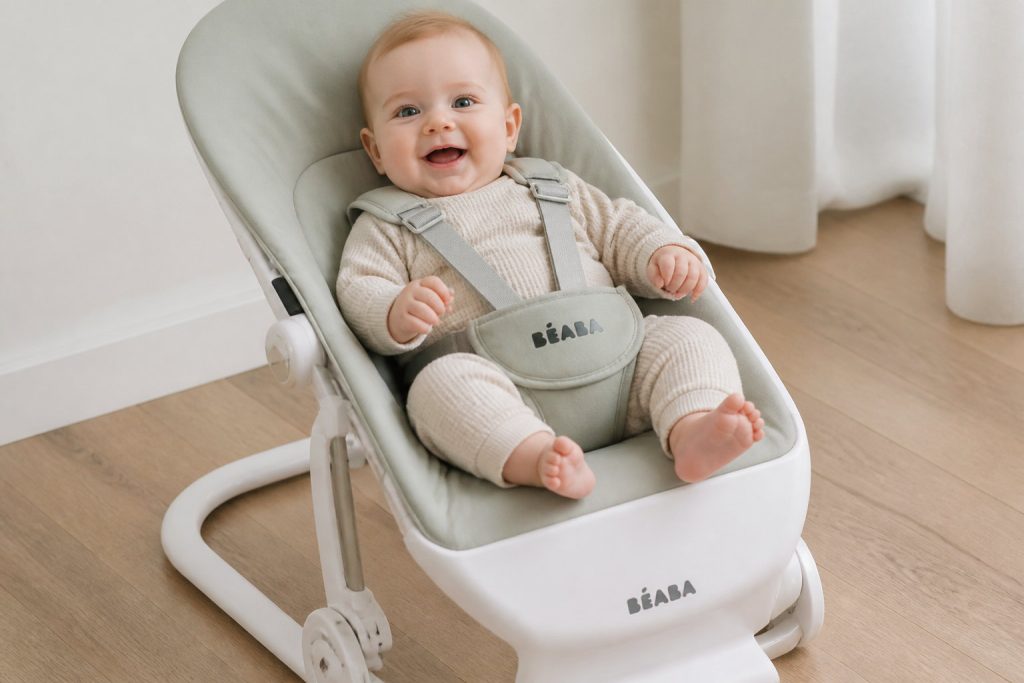 Un bébé souriant est assis dans un transat Up & Down Beaba gris clair sur un plancher en bois, vêtu d'un ensemble beige, bénéficiant du confort et de la sécurité.