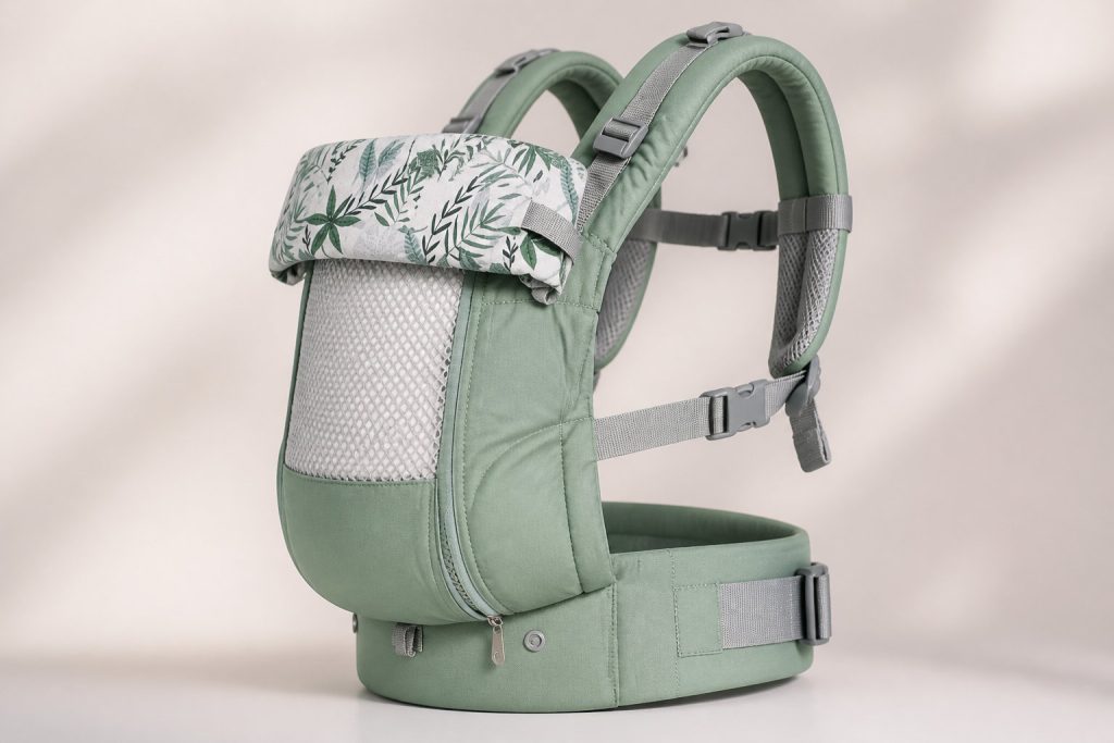 Porte-bébé physiologique vert sauge avec bretelles rembourrées, ceinture large, panneau frontal en maille et accent en tissu à motifs feuillus - votre sélection 2026 pour le meilleur porte-bébé.