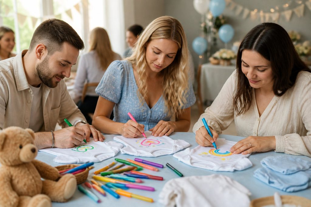 Lors d'une fête de naissance mémorable, trois personnes décorent des bonnets de bébé avec des marqueurs colorés sur une table remplie de fournitures artistiques, d'un ours en peluche et de ballons bleus - une touche attentionnée de la part de l'organisateur.