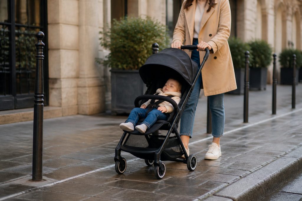 Une femme vêtue d'un manteau beige pousse un bébé dans une poussette noire le long d'un trottoir bordé de grandes plantes en pot.