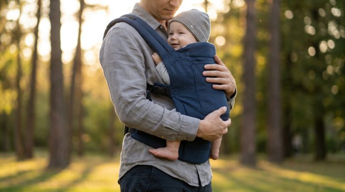 Un adulte en chemise beige porte un bébé dans un porte-bébé physiologique en plein air, avec des arbres et la lumière du soleil en arrière-plan - un moment idéal pour ceux qui cherchent le meilleur porte-bébé pour leur sélection 2026. Un adulte en chemise beige porte un bébé dans un porte-bébé physiologique en plein air, avec des arbres et la lumière du soleil en arrière-plan - un moment idéal pour ceux qui cherchent le meilleur porte-bébé pour leur sélection 2026.