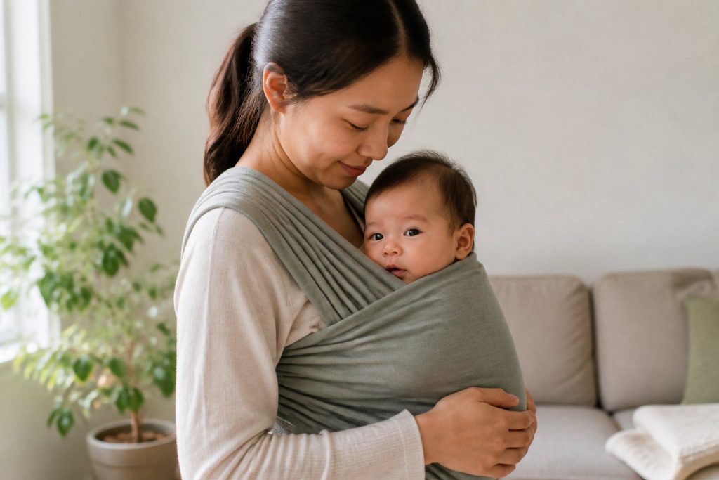 Une femme tient contre sa poitrine un bébé enveloppé dans un doux porte-bébé gris, debout dans un salon lumineux avec un canapé et une plante en pot à l'arrière-plan.