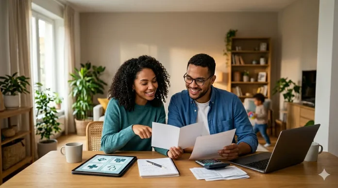 Un couple est assis à une table, en train d'examiner des documents concernant leur couverture santé à l'aide d'un ordinateur portable et d'une tablette, tout en souriant, dans un salon lumineux, tandis qu'un enfant joue en arrière-plan. Un couple est assis à une table, en train d'examiner des documents concernant leur couverture santé à l'aide d'un ordinateur portable et d'une tablette, tout en souriant, dans un salon lumineux, tandis qu'un enfant joue en arrière-plan.