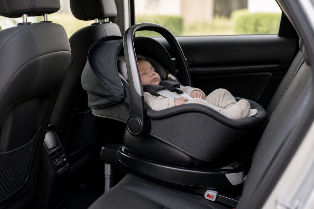 Un bébé dort dans un siège auto orienté vers l'arrière, fixé sur la banquette arrière d'une voiture.