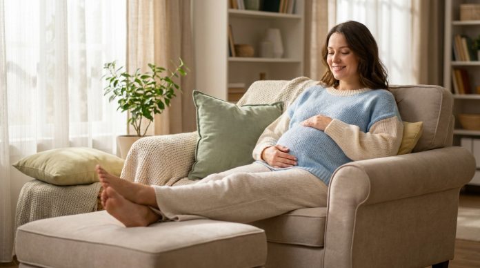 Une femme enceinte est assise sur un fauteuil beige, les pieds en l'air, souriante et tenant son ventre dans un salon cosy avec plantes et lumière tamisée, profitant d'un moment pour soulager douleurs grossesse naturellement. Une femme enceinte est assise sur un fauteuil beige, les pieds en l'air, souriante et tenant son ventre dans un salon cosy avec plantes et lumière tamisée, profitant d'un moment pour soulager douleurs grossesse naturellement.
