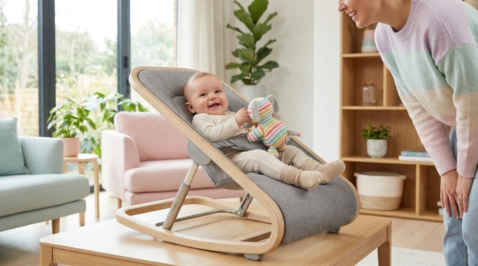 Un bébé souriant est assis dans le Transat Up & Down Beaba, bénéficiant du confort et de la sécurité sur une table en bois, tenant un jouet rayé, tandis qu'un adulte se penche à proximité.