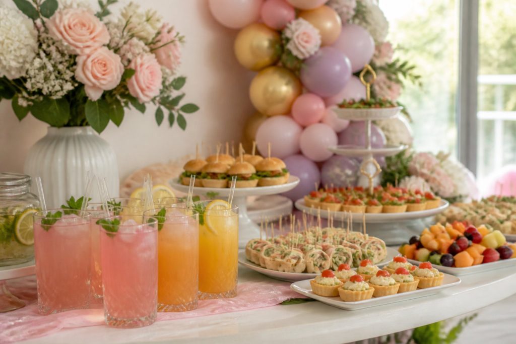 Une table magnifiquement décorée pour une baby shower, organisée par une organisatrice talentueuse, avec des arrangements floraux, des ballons pastel, des boissons assorties, des mini-sandwichs, des brochettes de fruits et des amuse-gueule pour une célébration mémorable.