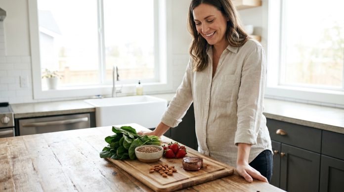 Une femme enceinte se tient dans une cuisine et regarde une planche en bois garnie d'aliments riches en fer - légumes verts, céréales, fraises, amandes et un morceau de viande cuite.
