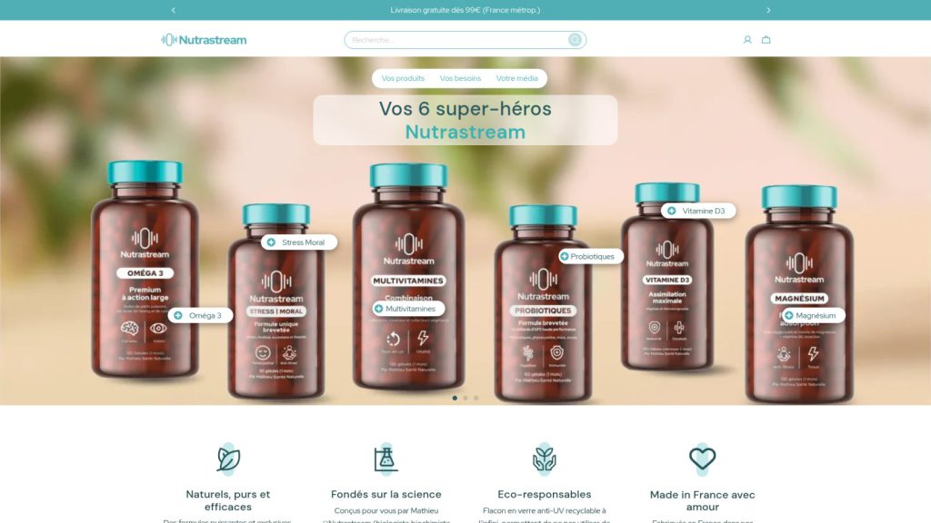 Six bouteilles de compléments alimentaires NutraStream sont présentées en rang sur un fond clair, chacune étiquetée avec différents nutriments et avantages pour la santé en français, parfaites comme vitamines post-partum pour la récupération après l'accouchement.