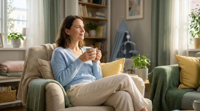 Femme assise sur un fauteuil dans un salon confortable, tenant une tasse et souriant, entourée de meubles moelleux et de plantes d'intérieur, profitant d'un moment paisible de récupération après accouchement.