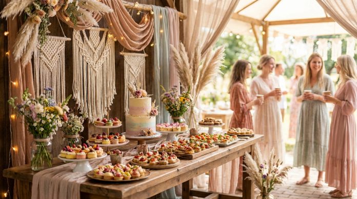 Une table de dessert rustique avec des pâtisseries assorties, un gâteau à étages et des fleurs ; quatre femmes en robes pastel conversent à l'arrière-plan lors d'une fête prénatale organisée en plein air. Une table de dessert rustique avec des pâtisseries assorties, un gâteau à étages et des fleurs ; quatre femmes en robes pastel conversent à l'arrière-plan lors d'une fête prénatale organisée en plein air.