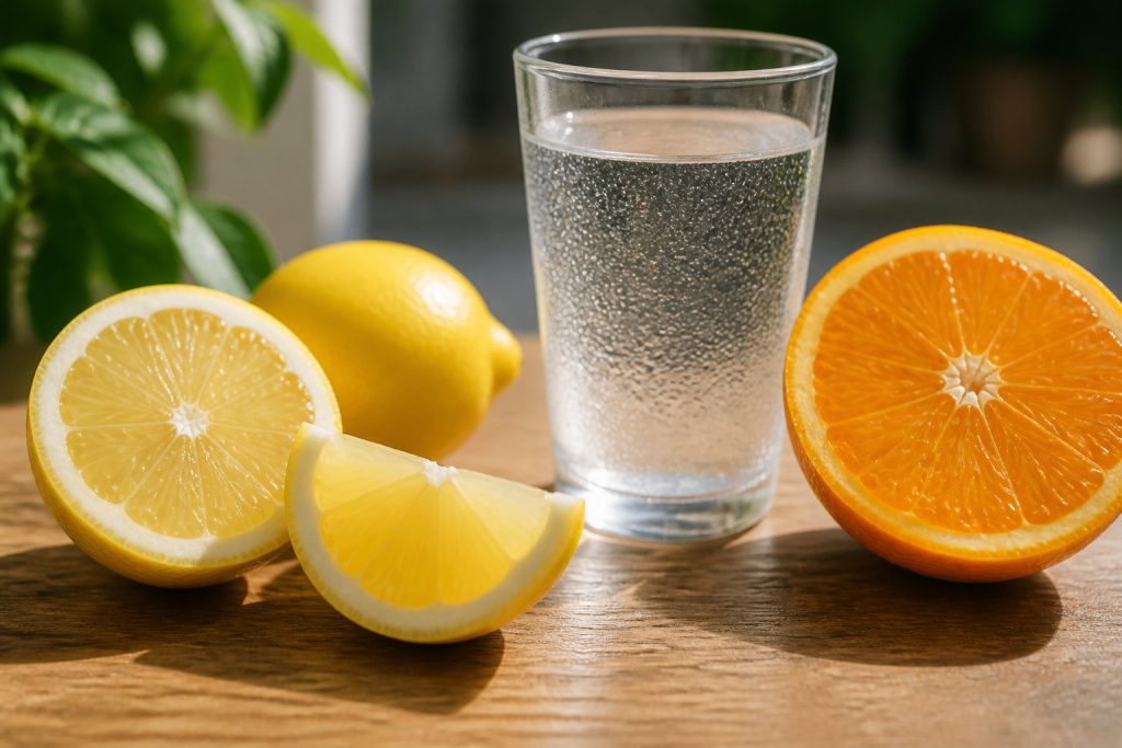 Un verre d'eau est posé sur une table en bois à côté d'un citron entier, de tranches de citron et d'une orange coupée en deux - des fruits qui peuvent aider femme enceinte à profiter des aliments riches en fer en favorisant l'absorption du fer.