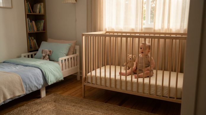 Un bébé est assis dans un berceau de transition en bois éclairé à côté d'un animal en peluche dans une chambre d'enfant doucement éclairée avec un petit lit, une étagère et une fenêtre avec des rideaux.