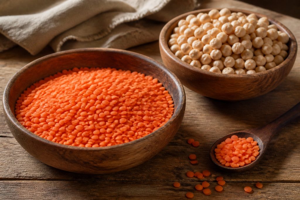 Un bol en bois de lentilles rouges, un bol de pois chiches secs et une cuillère en bois avec quelques lentilles rouges - des aliments riches en fer - sont posés sur une surface en bois, idéale pour une femme enceinte qui cherche à augmenter ses apports en fer.