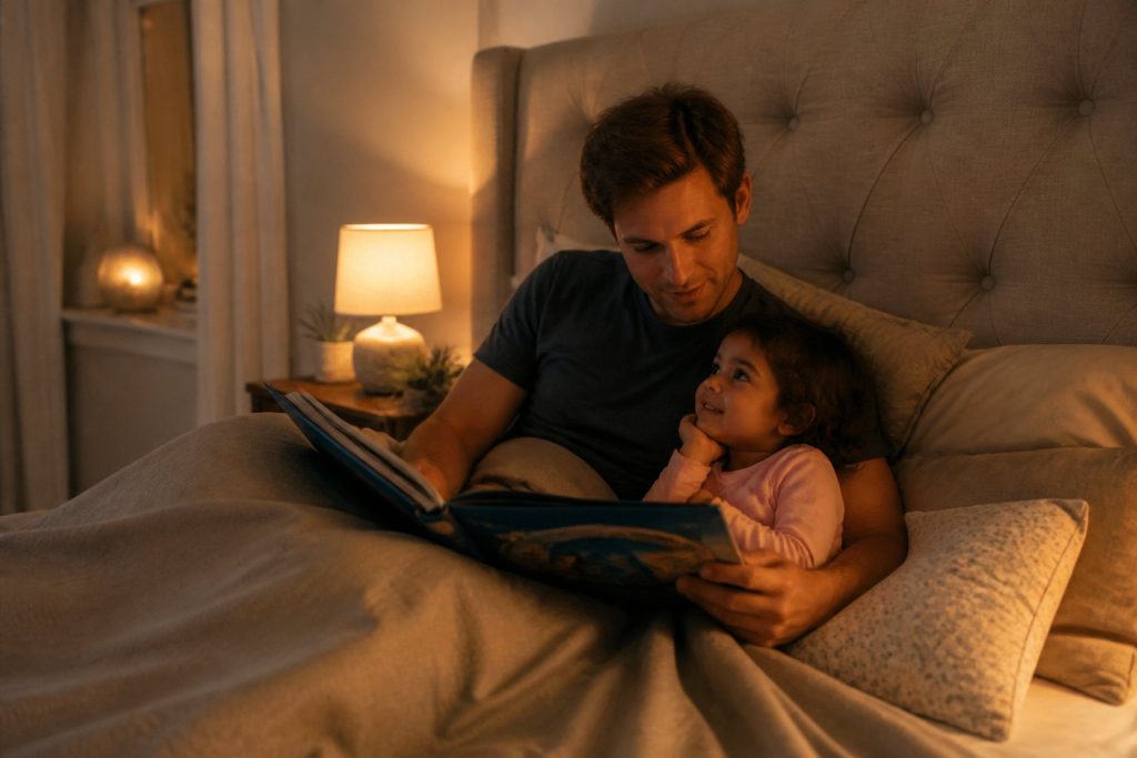 Un adulte et un enfant s'assoient dans le lit sous une couverture, lisent un livre ensemble la nuit avec une lampe sur la table de chevet - une façon idéale de réussir la transition de lit à barreaux à un lit de grand enfant.