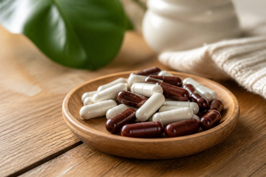 Un plateau en bois contenant des gélules blanches et brunes, parfaites comme vitamines post-partum, repose sur une table en bois avec une feuille verte et un tissu blanc en arrière-plan.